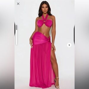 Fashion Nova Pink Maxi Wrap Skirt with Ruched Slit + Top